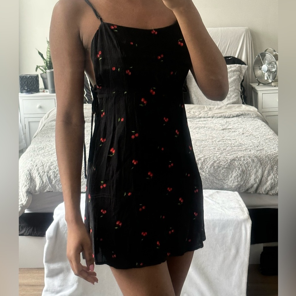 Free People Black Mini Dress with Red Cherry Print